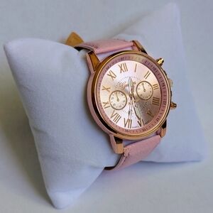 Pink and Gold Chronograph Watch with Leather Band